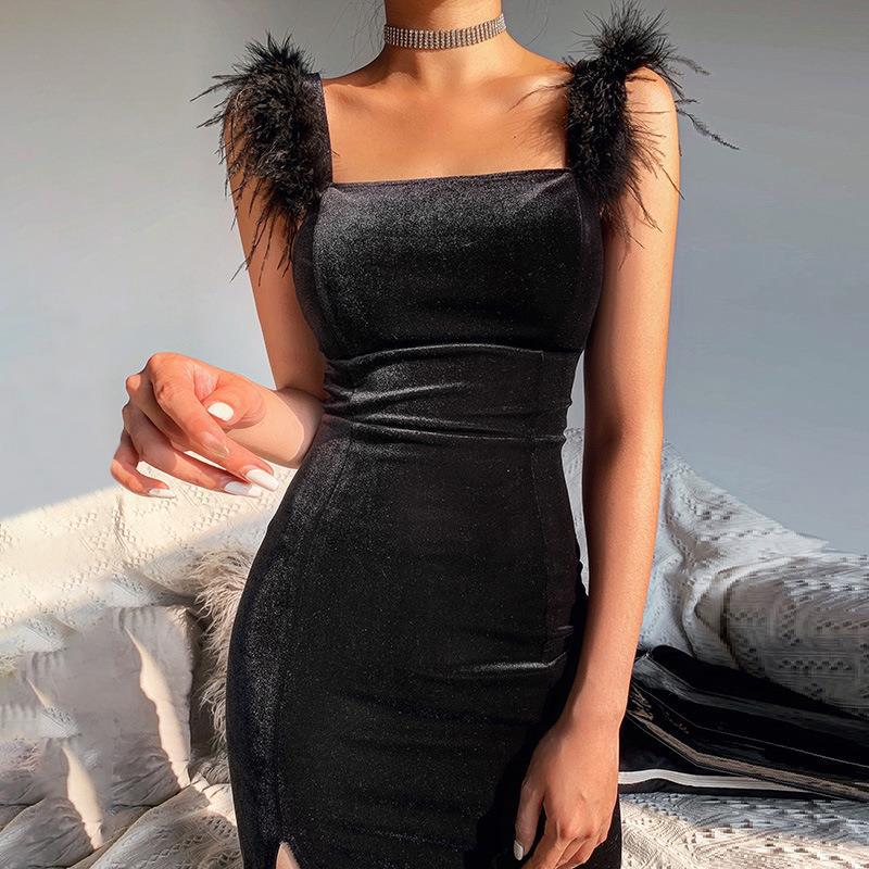 Sexy Dress Temperament Mid-length Split Fur Shoulder Dress