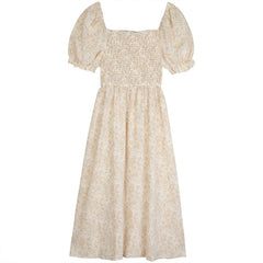 Summer New Style French Temperament Floral Chiffon Skirt Puff Sleeve Dress Women