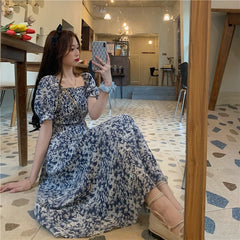 Summer New Style French Temperament Floral Chiffon Skirt Puff Sleeve Dress Women