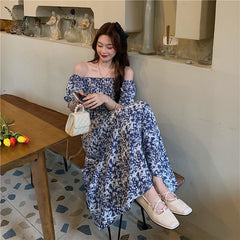 Summer New Style French Temperament Floral Chiffon Skirt Puff Sleeve Dress Women