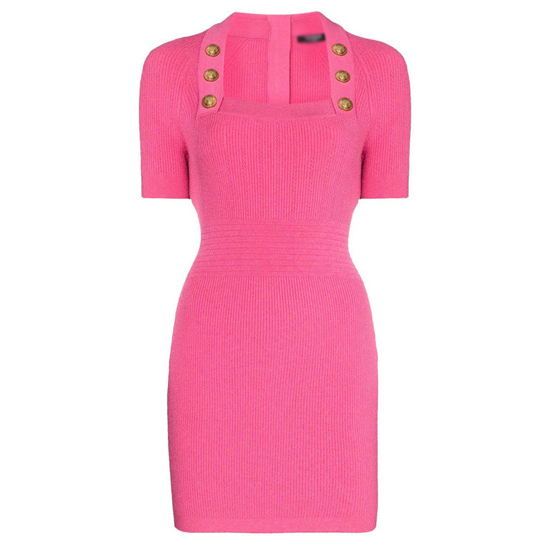 Temperament Commuter Square Collar Elastic Solid Color Mid-waist Mid-length Skirt