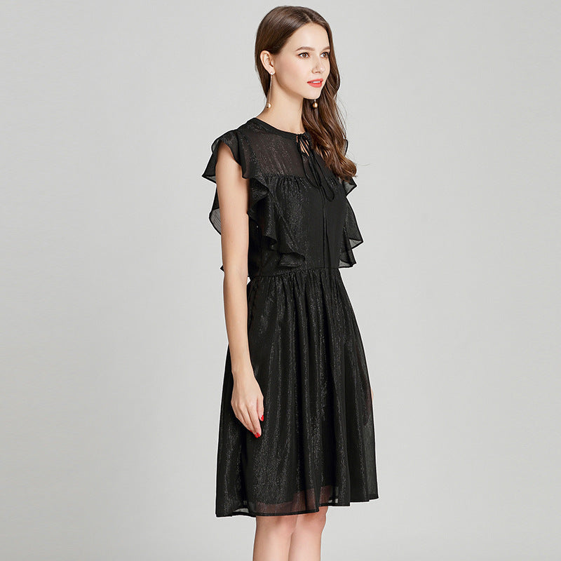 Large Size Chiffon Dress With Puffy Sleeves And A-line Thin Black Dress