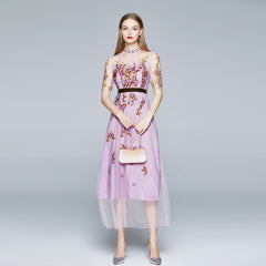 New Ladies Gentle Wind Wear Embroidered Mesh Dress Five-point Sleeve French Long Skirt