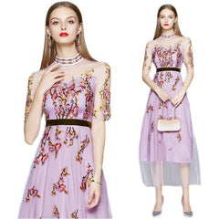 New Ladies Gentle Wind Wear Embroidered Mesh Dress Five-point Sleeve French Long Skirt