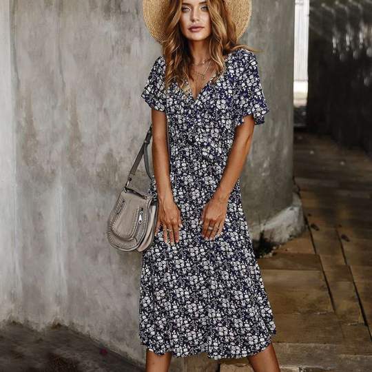 Spring and summer floral short-sleeved dress
