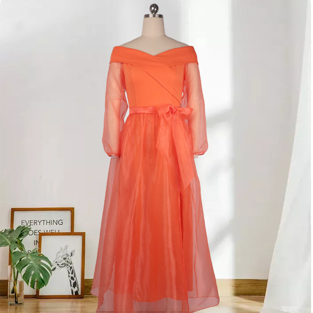 Sexy Off-The-Shoulder High-Waisted Large Size With Belt Casual Big Swing Dress Women'S Dress Dress