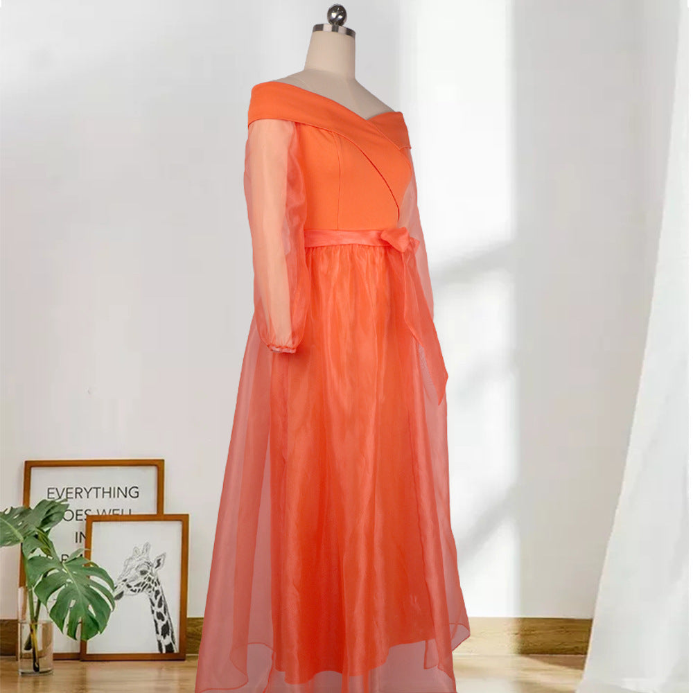 Sexy Off-The-Shoulder High-Waisted Large Size With Belt Casual Big Swing Dress Women'S Dress Dress