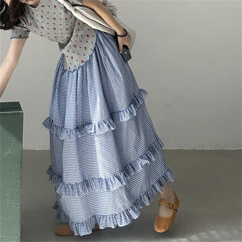 Plaid Elastic Waist Ruffled Tiered Skirt Long Dress For Women
