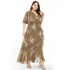 Plus Size Evening gown Women Printed Chiffon long dress Fat