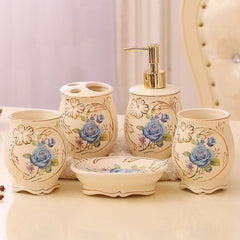 Ceramic bathroom set 5 piece European style – hand-painted gold front view