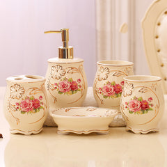 Ceramic bathroom set 5 piece European style – qingfang pink rose designs