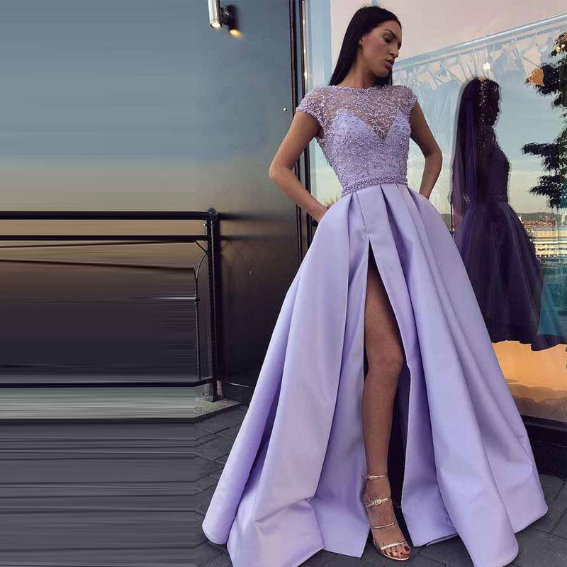Sexy Lace Beaded Slit Long Dress