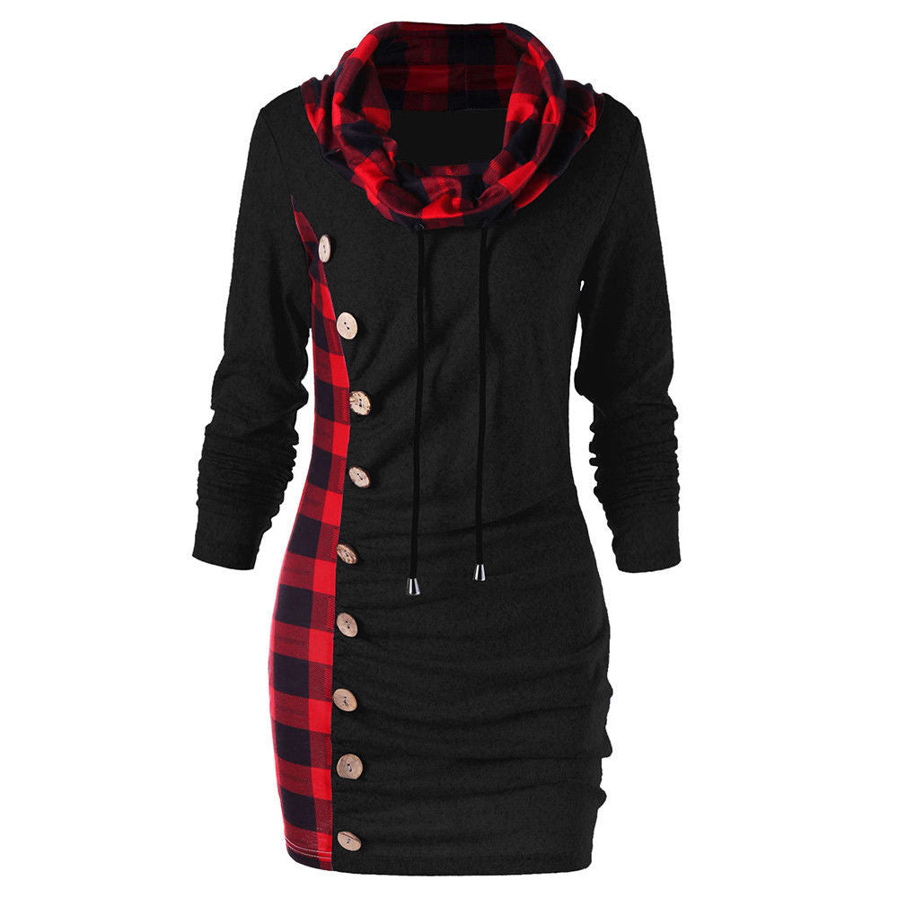 Check button high collar sweater