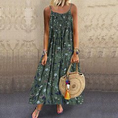 Cotton And Linen Print Sling Mid-length Dress