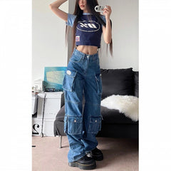 American Retro Multi Pocket Overalls Jeans For Women