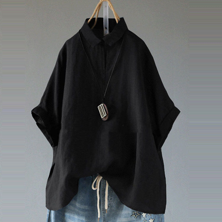 Stand Collar Loose Cotton Linen Solid Color Foreign Trade Women's Clothing Shirt