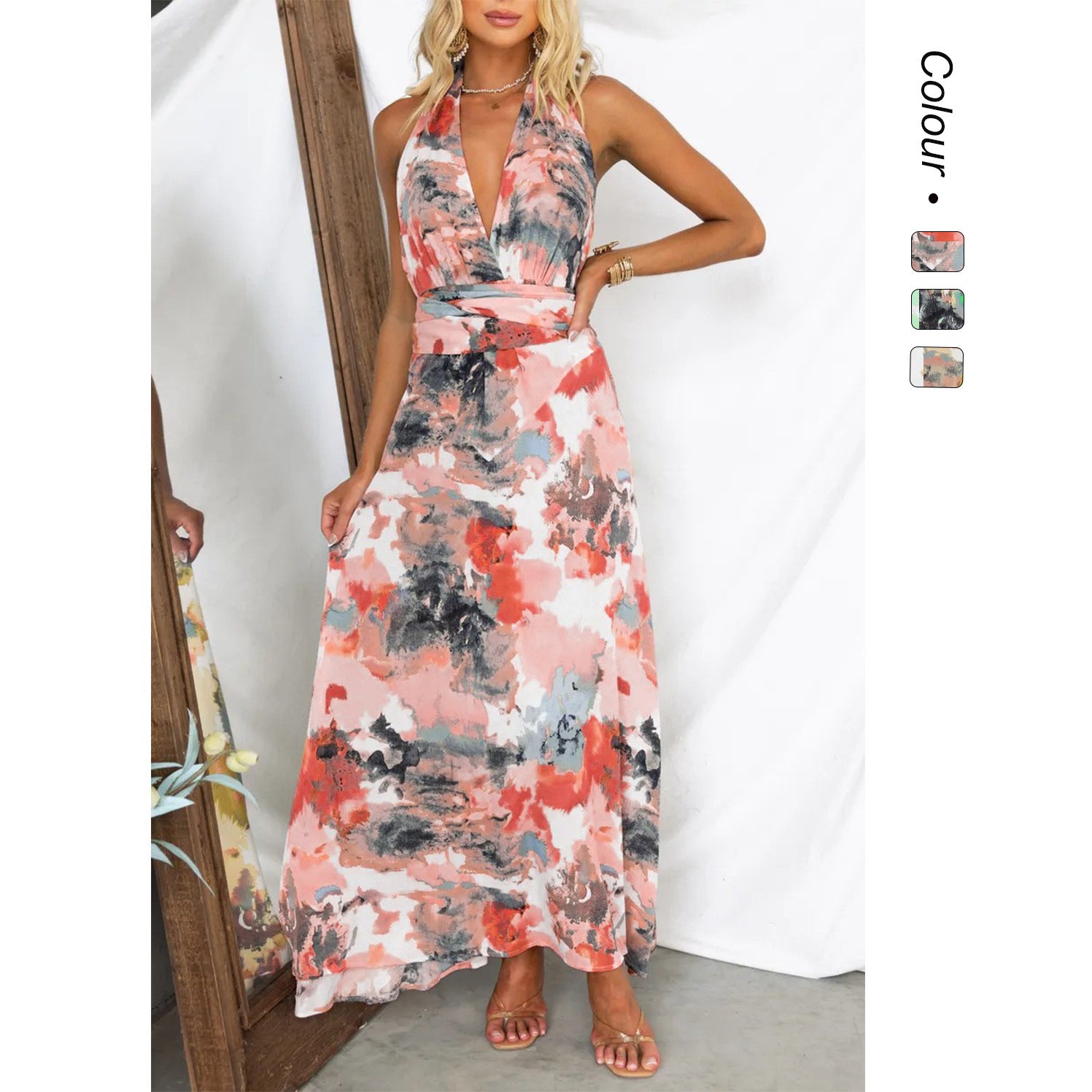 Printed Tied V-neck Waist-tight A- Line Dress