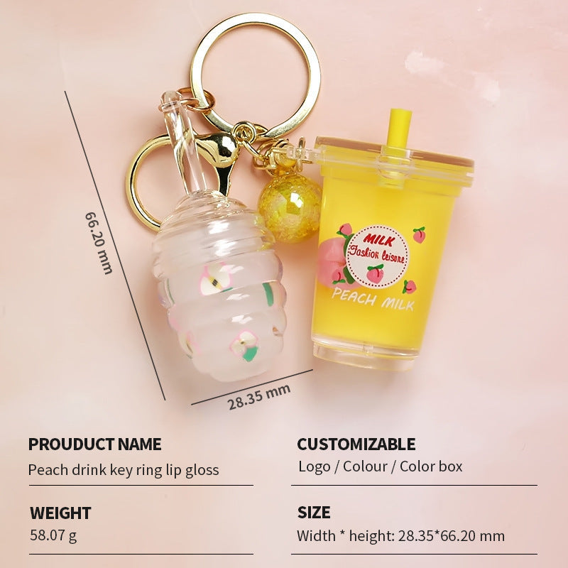 Peach Floating Milky White Teacup Lip Gloss Pendant Key Ring