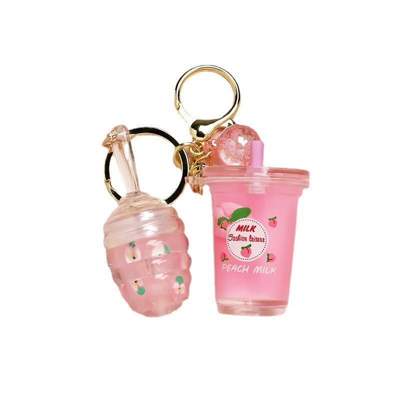 Peach Floating Milky White Teacup Lip Gloss Pendant Key Ring
