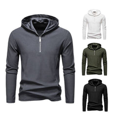 Half Zipper Design Casual Long Sleeve Solid Color Hooded T-shirt