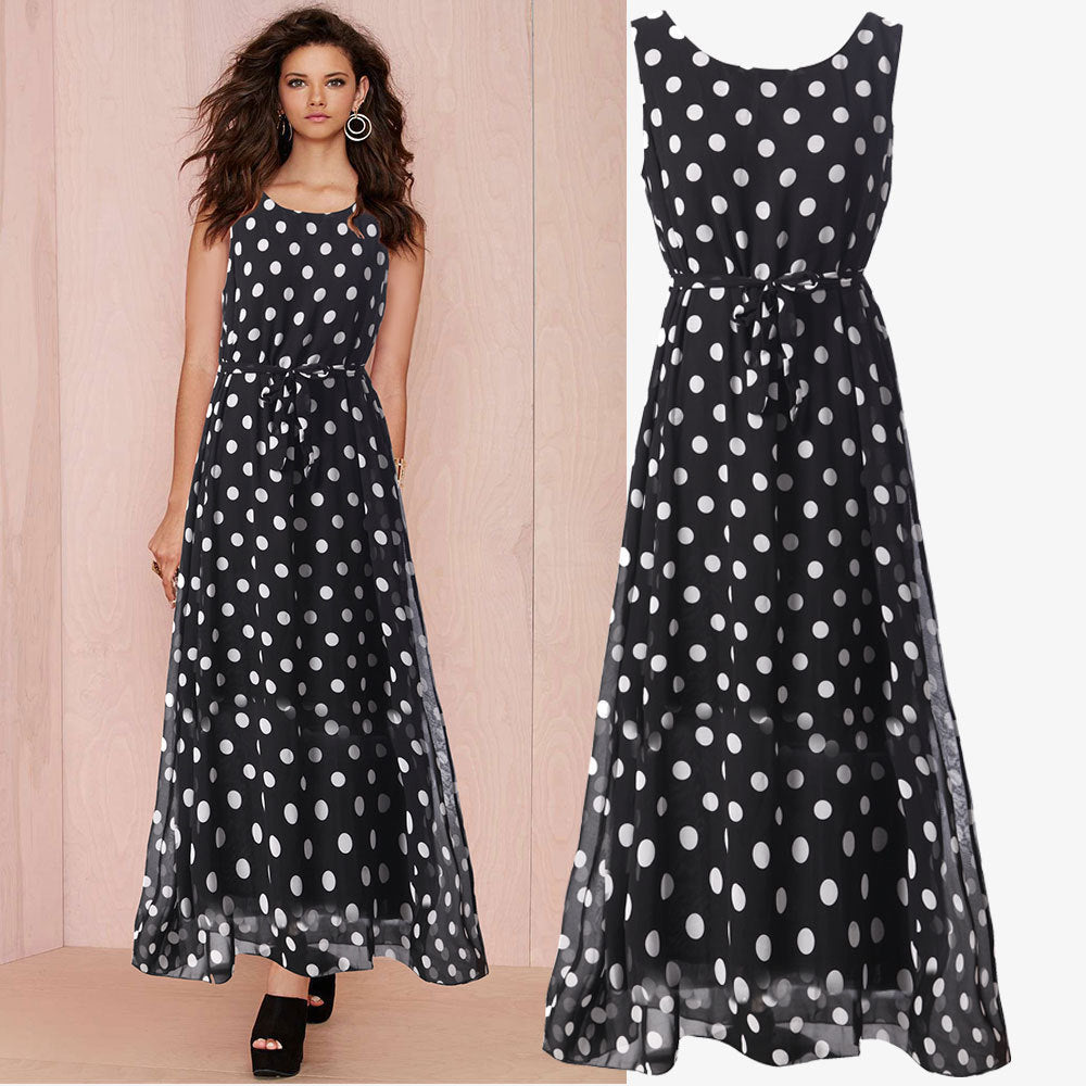 Black And White Polka Dot Chiffon Big Swing Suspender Dress