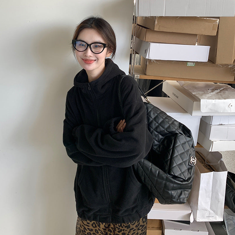 Fleece Women's Hooded Embroidered Warm Fleece Sweater Coat