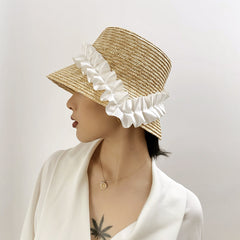 Pleated Lace Straw Bucket Hat