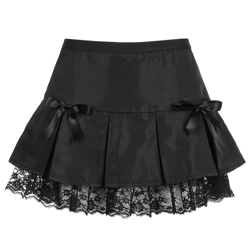 Dark Casual Lace Stitching Pleated Skirt