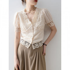New Women's Summer Short Sleeve Chiffon Lace Shirt Top