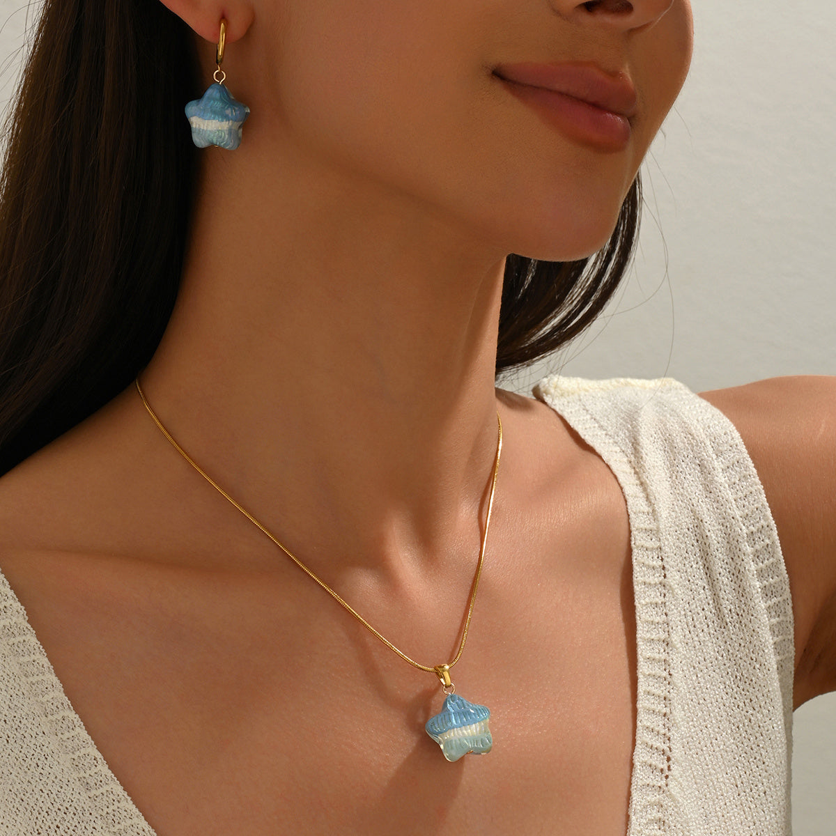 Lxalry 18K Gold Plated Stainless Steel Star Pendant Necklace & Earrings Set - Cute Iridescent Blue Charm, Waterproof, Hypoallergenic, Ideal Gift For Birthday, Summer, Girls, Daily Wear & Parties