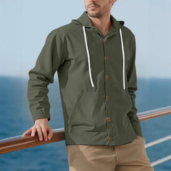 Men's Button-Down Loose Linen Casual Simple Beach Hooded Long Sleeve Jacket