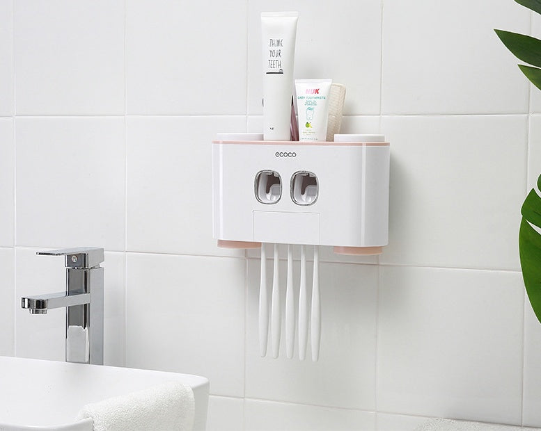 Toothbrush holder set wall mounted family – 4 cup suction organizer front view