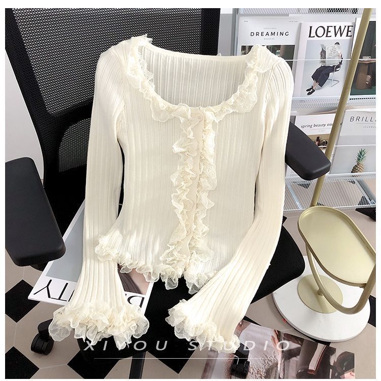 Women's Lace Patchwork Black Fungus Edge Knitted Cardigan Jacket