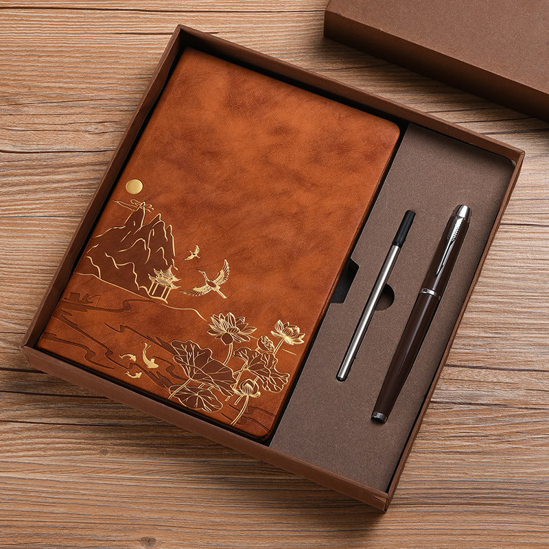 Vintage A5 notebook gift box set – Chinese style soft leather cover front view