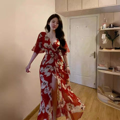 Plus Size Red For Women Printed V-neck Dress