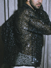 Black Sequin Sheer Open-Front Shirt With Oversized Silhouette