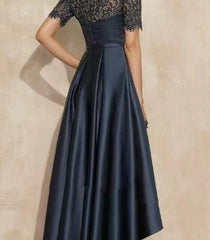 New Lace Short Front And Long Back Navy Blue Fashion Toast Party Dress