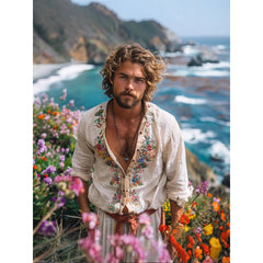 Retro Men's Casual Tops Open Collar Embroidered Shirt