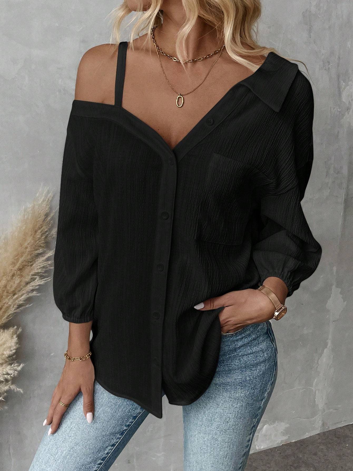 Fall Solid Color White Asymmetric Collar Dropped Shoulder Loose Casual Blouse Spring And Summer New Fashion Street Style Casual Asymmetrical Shoulder Shirt