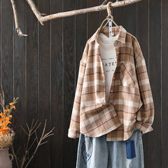 New Literary Retro Brushed Thick Plaid Shirt Women Loose Woolen Coat Jacket