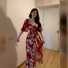 Plus Size Red For Women Printed V-neck Dress