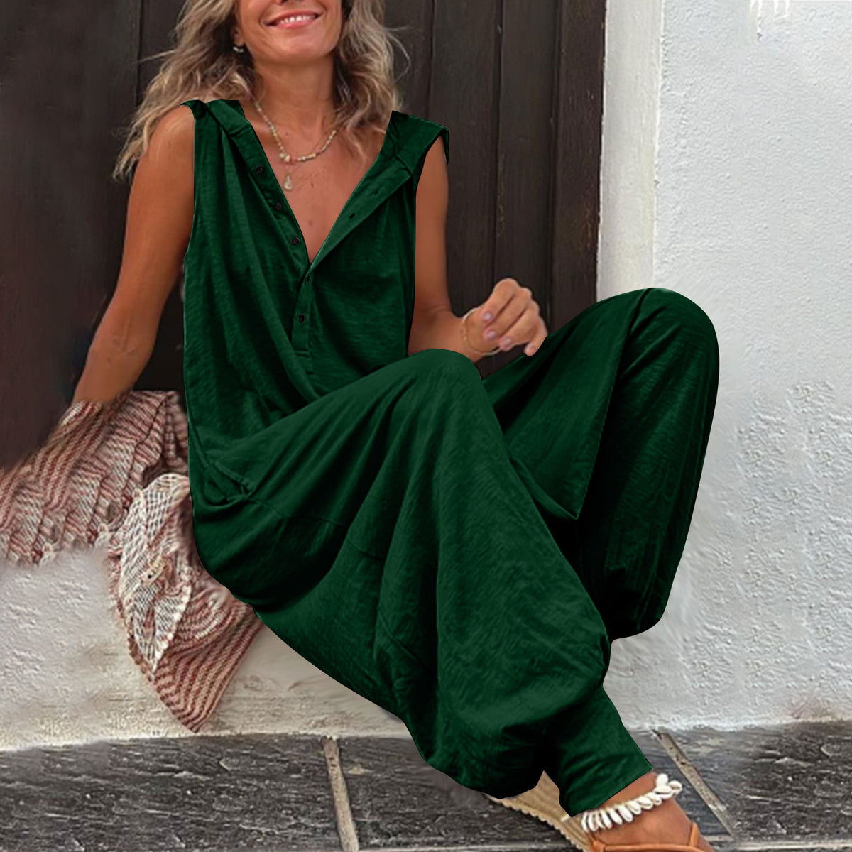 Hot Selling Button Up Hooded Sleeveless Pants In Stock, Jumpsuit With Pockets