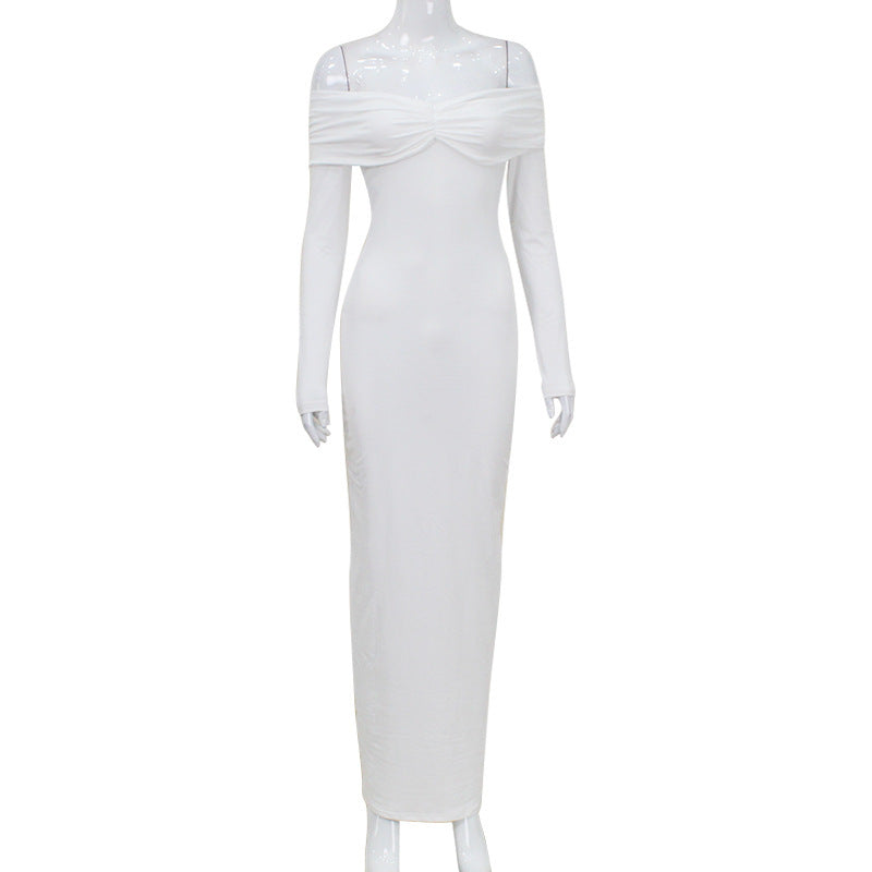 European And American Solid Color French Style Off-shoulder Tube Top Long Sleeve Dress Women