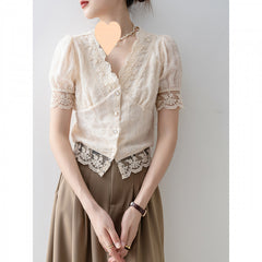 New Women's Summer Short Sleeve Chiffon Lace Shirt Top