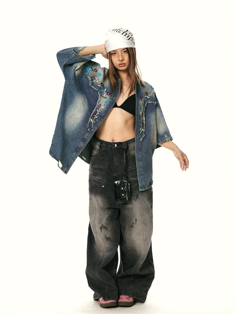 Washed-out Vintage Stitching Embroidered Floral Denim Shirt
