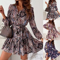 V-neck Printed Long Sleeve Tied Lotus Leaf Patchwork Shirt Dress