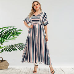 Retro Striped Waist Loose Large Size Dress