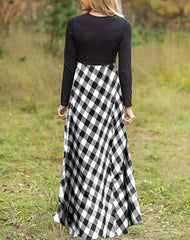 Printed Plaid Pocket Milk Silk Round Neck Long Sleeve Big Sleeve Dress