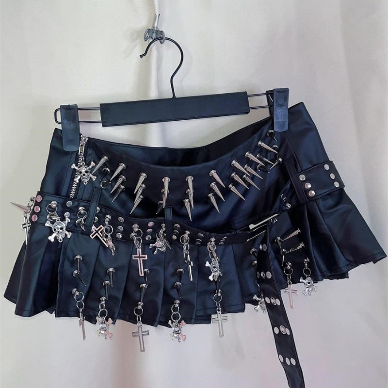 Rivet Skull Cross Punk Niche Street PU Leather Metal Pleated Skirt