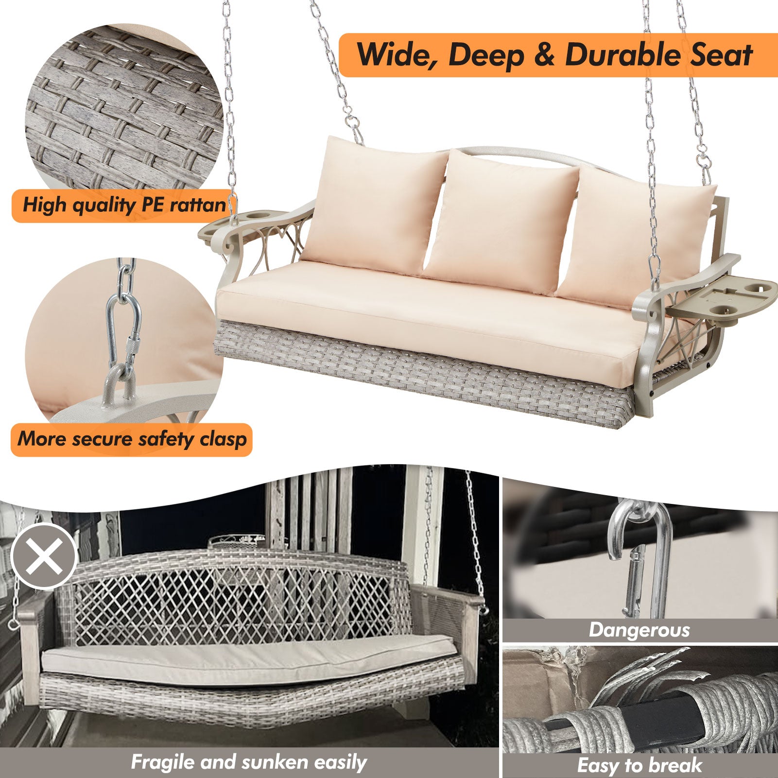 Outdoor porch swing with cushions – 106.3 inch extended chain detail